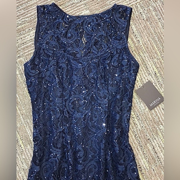 MARINA Navy Illusion Yoke Lace Gown Sequins Dress Size 8 NEW WITH TAG - Picture 7 of 15